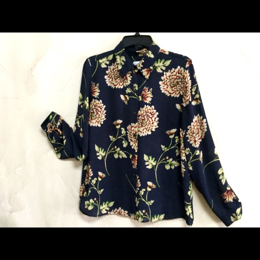 CAbi women size M Blouse Top Career Dressy navy yellow, green, orange semi sheer